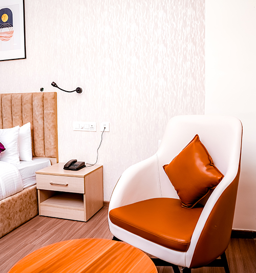 Comfortable hotel room with city view and modern amenities.